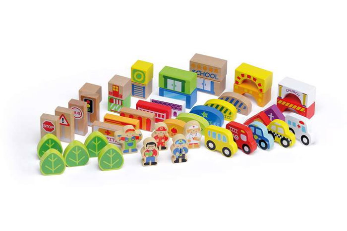 Molto - Jeux de blocs en bois thème ville pour enfants dans un conteneur de rangement 26x17.50x17.50 cm