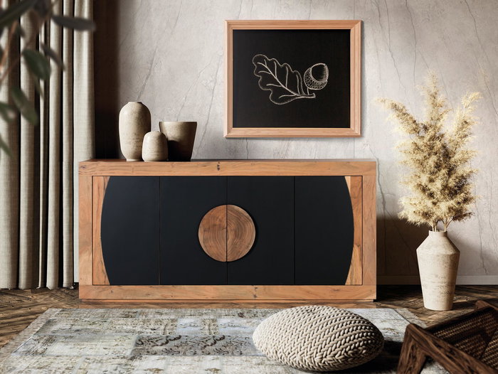 GINER Y COLOMER GYC - Buffet 4 portes en acacia massif naturel et noir - Meuble de rangement salon/salle à manger