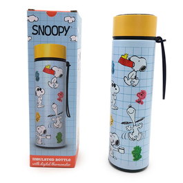 PUCKATOR Gourde Isotherme en Acier Inoxidable avec Thermomètre Digital Snoopy & Woodstock - 450 ml, Mantient Chaud 6h/Froid 24h, Passoire à Thé Amovible, Sangle