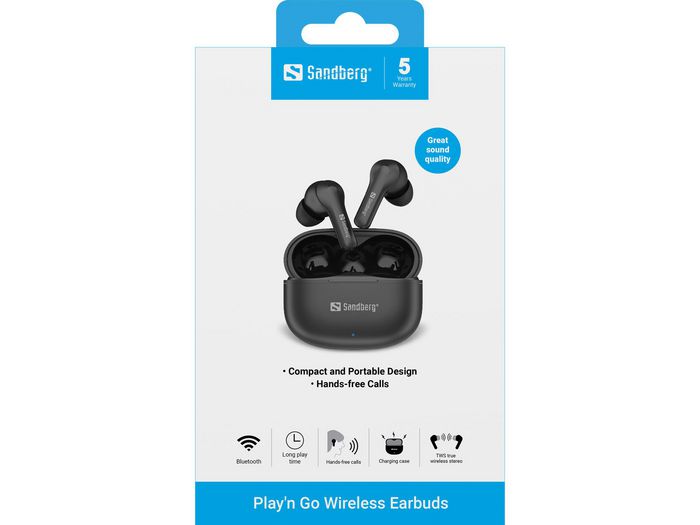 Sandberg Play'n Go Écouteurs Intra-Auriculaires Bluetooth Sans Fil - Compact, Son Qualitatif, Appels Mains Libres, Chargement par USB