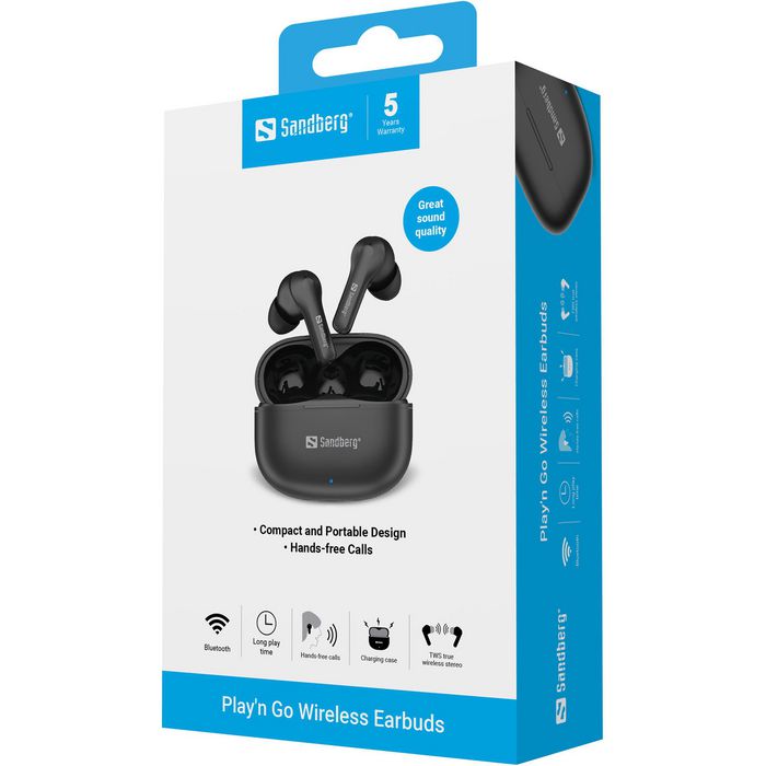 Sandberg Play'n Go Écouteurs Intra-Auriculaires Bluetooth Sans Fil - Compact, Son Qualitatif, Appels Mains Libres, Chargement par USB
