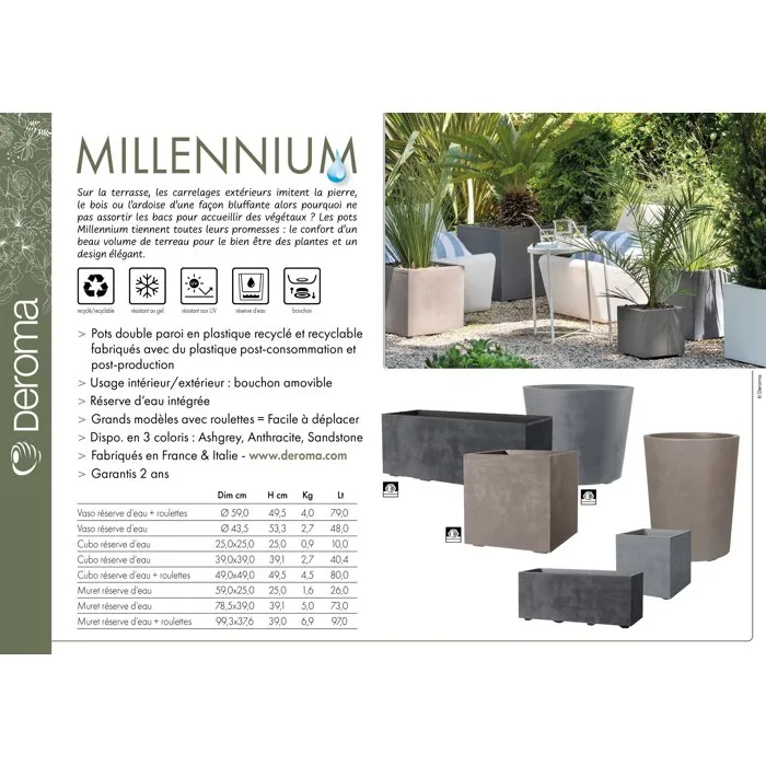 Deroma Millennium - Pot de fleurs rond 50 cm avec réserve d'eau et roulettes - Marron - 79 Litres - Pour intérieur et extérieur Deroma Millennium - Pot de fleurs rond 50 cm avec réserve d'eau et roulettes - Marron - 79 Litres - Pour intérieur et extérieur