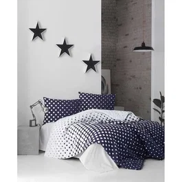 Parure de lit King - Housse de couette 240 x 220 cm et 2 taies d'oreiller 60 x 60 cm en 100% coton renforcé (140 fils) - Bleu et blanc - Fermeture à boutons et enveloppe