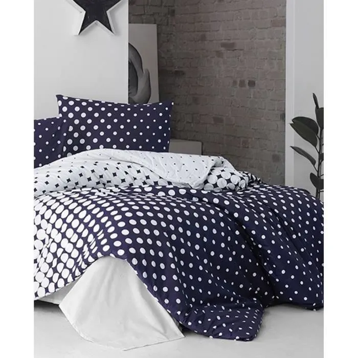 Parure de lit King - Housse de couette 240 x 220 cm et 2 taies d'oreiller 60 x 60 cm en 100% coton renforcé (140 fils) - Bleu et blanc - Fermeture à boutons et enveloppe