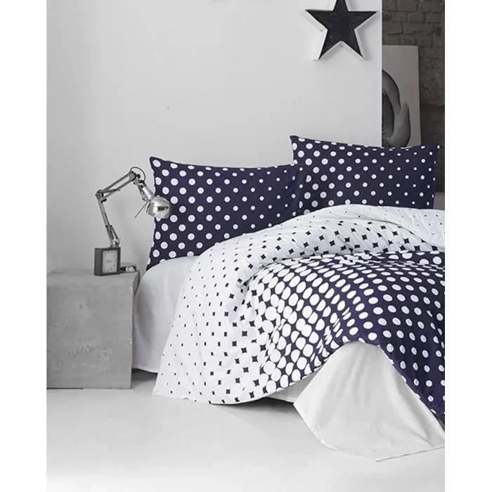 Parure de lit King - Housse de couette 240 x 220 cm et 2 taies d'oreiller 60 x 60 cm en 100% coton renforcé (140 fils) - Bleu et blanc - Fermeture à boutons et enveloppe