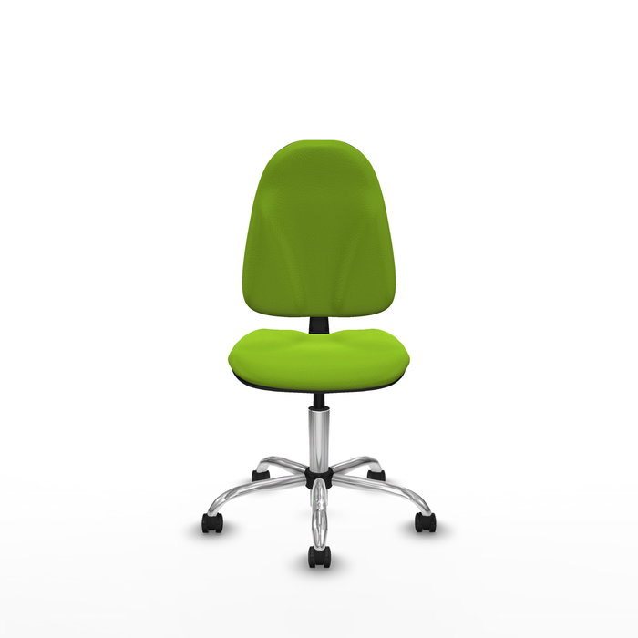Chaise de bureau Algarra avec mécanisme de contact permanent de base, rembourrée en simili cuir couleur pistache. Équipée d'une base chromée, sans accoudoirs et de roulettes autobloquantes.