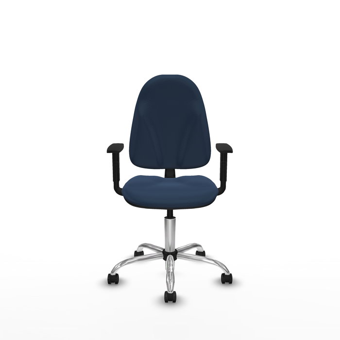 Chaise Algarra Contact permament de base Cuir écologique Bleu foncé Structure chromée Accoudoir 1D Sans appui-tête Roulettes pour moquette