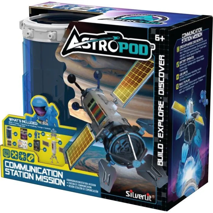 Silverlit ASTROPOD - Station de communication avec décodage Morse, effets sonores et lumineux, figurine et 15+ pièces à construire, 16 cm, piles incluses, pour enfant 6 ans et plus