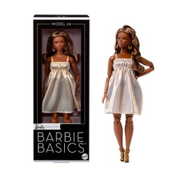 Barbie Poupée Signature Basics Modèle 09 JJX28 Mattel - Robe Dorée Brillante, Cheveux Bruns Longs Articulée