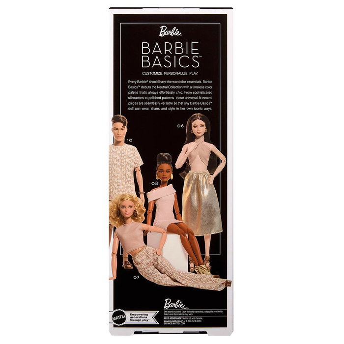 Barbie Poupée Signature Basics Modèle 09 JJX28 Mattel - Robe Dorée Brillante, Cheveux Bruns Longs Articulée