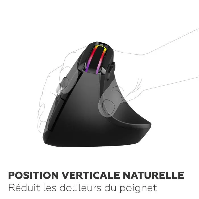 Mobility Lab ML314259 Souris ergonomique sans fil Bluetooth et 2.4 GHz pour droitier, design vertical rechargeable USB-C, boutons latéraux et LED RGB personnalisables - Noir