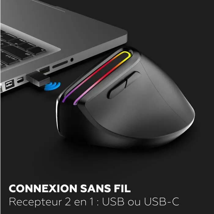 Mobility Lab ML314259 Souris ergonomique sans fil Bluetooth et 2.4 GHz pour droitier, design vertical rechargeable USB-C, boutons latéraux et LED RGB personnalisables - Noir