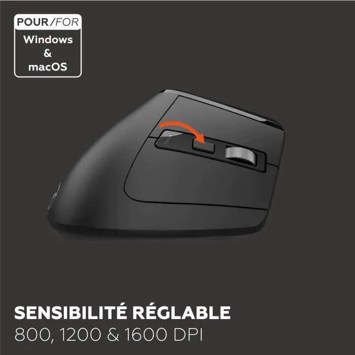 Mobility Lab ML314259 Souris ergonomique sans fil Bluetooth et 2.4 GHz pour droitier, design vertical rechargeable USB-C, boutons latéraux et LED RGB personnalisables - Noir