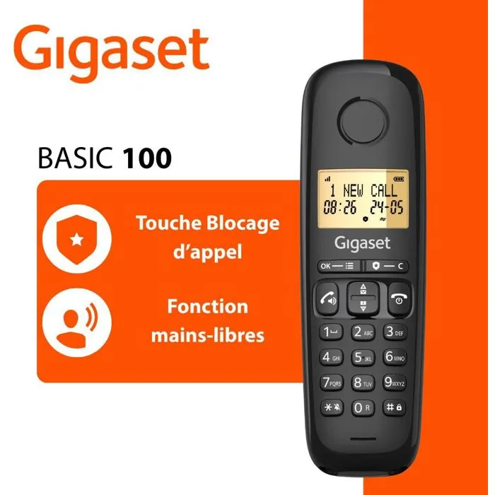 Gigaset Téléphone Fixe Basic 100A Noir - Répondeur, Mains Libres, Écran Rétroéclairé 1.5", Blocage Appels, Répertoire 50 Contacts, Autonomie 11h