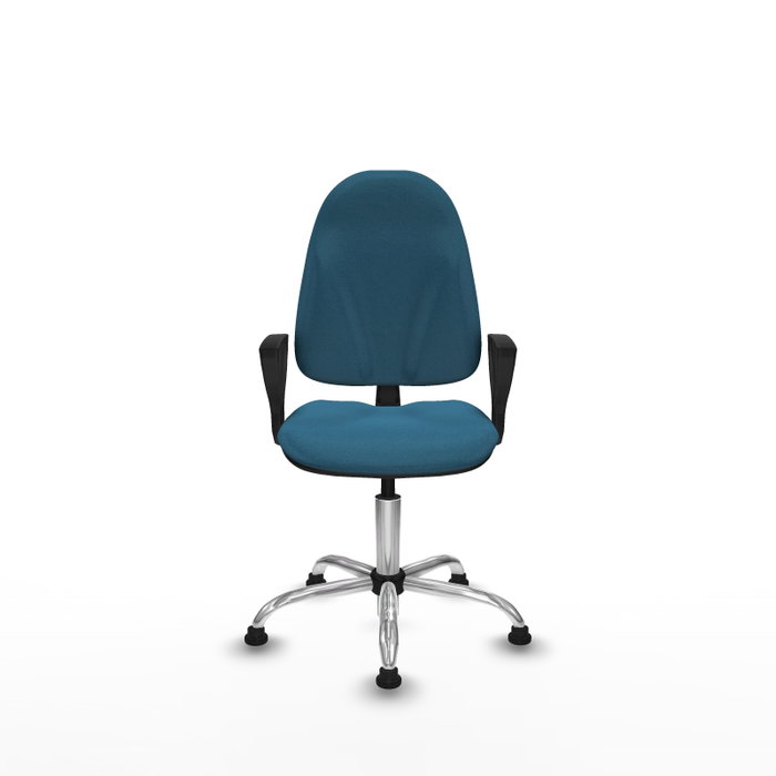Chaise de bureau Algarra avec mécanisme Contact permanent de base, rembourrée de tissu vert pétrole. Équipée d'une base chromée, d'accoudoirs fixes et de butées