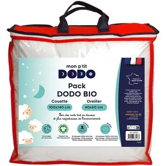 P'Tit Dodo Pack Bio Couette et Oreiller 100x140 cm + 40x60 cm - Chaude - Fibre Creuse Siliconée - Coton Bio Certifié GOTS - 1 Personne