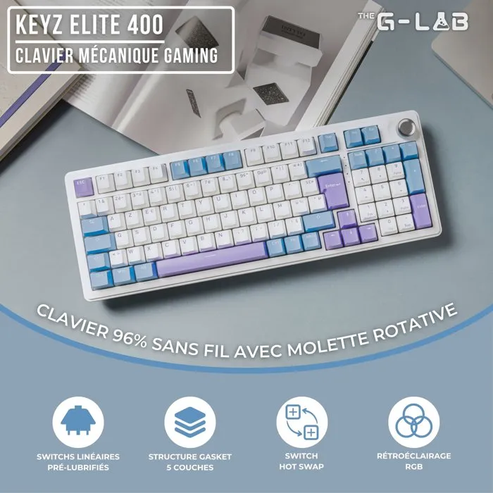 The G-Lab Clavier Mécanique PBT Gasket KEYZ Elite 400 WB Triple Mode AZERTY RGB 96% - Filaire, Bluetooth, 2.4GHz - Windows & Mac