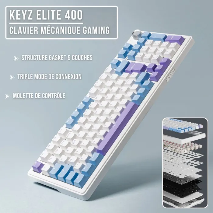 The G-Lab Clavier Mécanique PBT Gasket KEYZ Elite 400 WB Triple Mode AZERTY RGB 96% - Filaire, Bluetooth, 2.4GHz - Windows & Mac