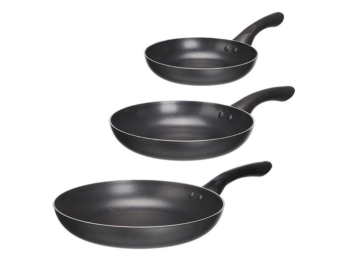 Kinvara Set de 3 poêles en aluminium noir 20/24/28 cm avec revêtement antiadhésif, compatibles induction (Set de 6) Kinvara Set de 3 poêles en aluminium noir 20/24/28 cm avec revêtement antiadhésif, compatibles induction (Set de 6)