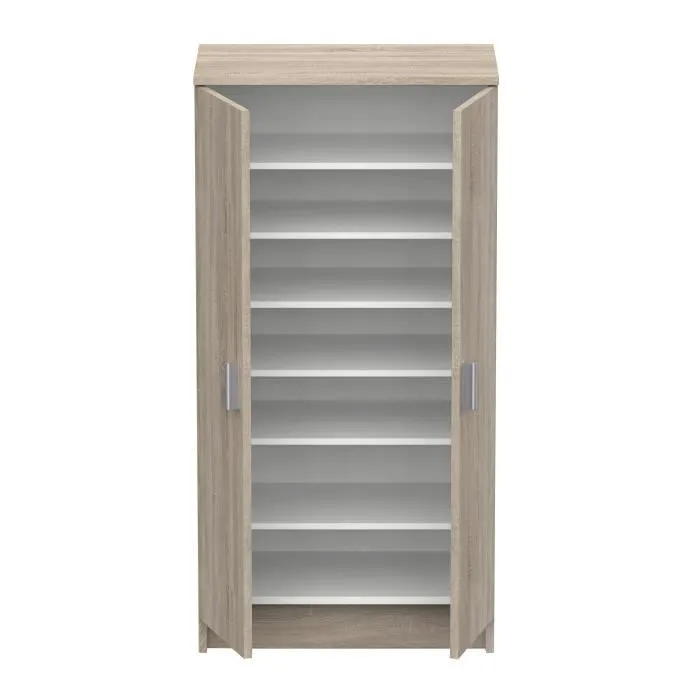 Demeyere - Armoire auxiliaire 2 portes multifonction en chêne avec 6 rayons amovibles pour 21 paires de chaussures, Dimensions : L 54.6 x P 35.3 x H 108.4 cm