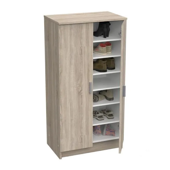 Demeyere - Armoire auxiliaire 2 portes multifonction en chêne avec 6 rayons amovibles pour 21 paires de chaussures, Dimensions : L 54.6 x P 35.3 x H 108.4 cm