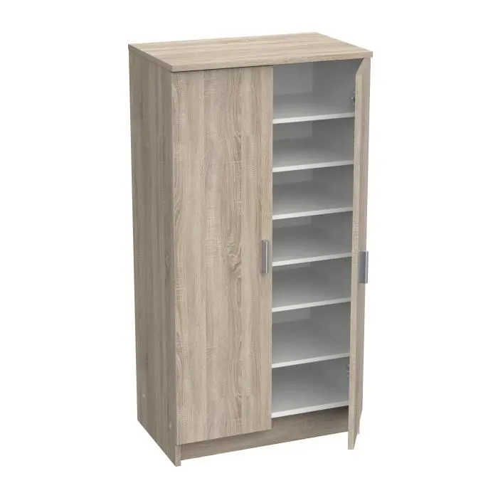 Demeyere - Armoire auxiliaire 2 portes multifonction en chêne avec 6 rayons amovibles pour 21 paires de chaussures, Dimensions : L 54.6 x P 35.3 x H 108.4 cm
