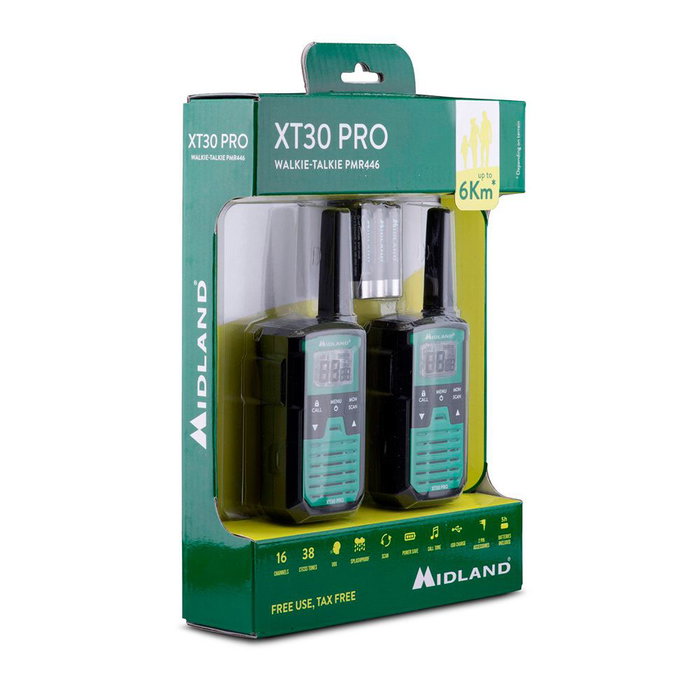 Midland XT-30 Pro C1463 Walkie-Talkies PMR446 16 Canaux, Portée 6 km, Autonomie 5h, VOX, Vert Midland XT-30 Pro C1463 Walkie-Talkies PMR446 16 Canaux, Portée 6 km, Autonomie 5h, VOX, Vert