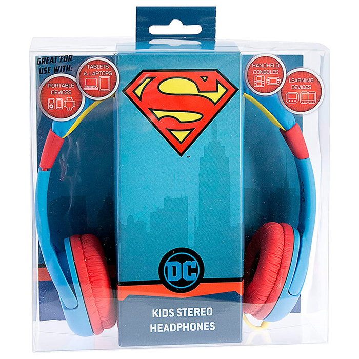 OTL TECHNOLOGIES Casque audio pour enfants DC Comics Superman - Volume limité 85 dB, bouchons souples, diademe ajustable, pour 3 à 7 ans - Connexion Jack 3.5mm