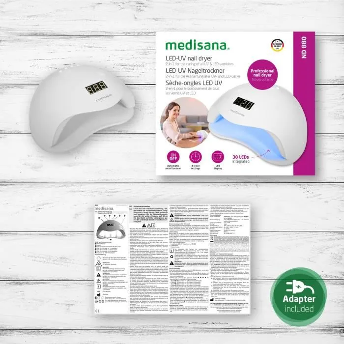 Medisana Lampe à Ongles 2-en-1 ND 880 - Séchoir LED et UV avec Écran LCD, Minuterie 4 Temps, Capteur Auto On/Off, Blanc
