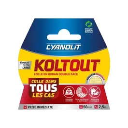 Cyanolit Koltout Ruban adhésif double face XXL - 2.5 cm x 49 m - Haute adhérence (720 kg) - Intérieur/Extérieur - Transparent - Pour surfaces lisses et rugueuses