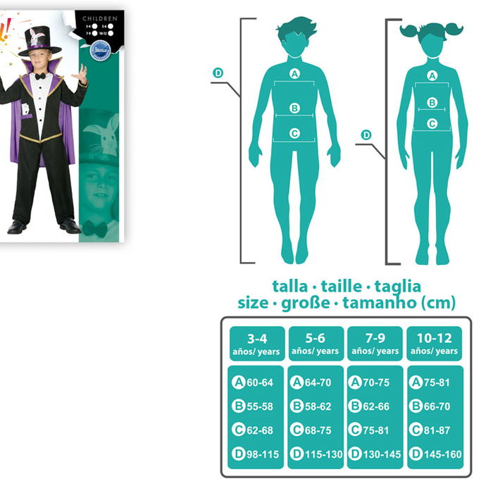 Costume Enfant Mago Ilusionista pour Garçon 10-12 Ans - Costume de Magicien 4 Pièces (Pantalon, Veste, Cape, Chapeau) Multicolore en Polyester