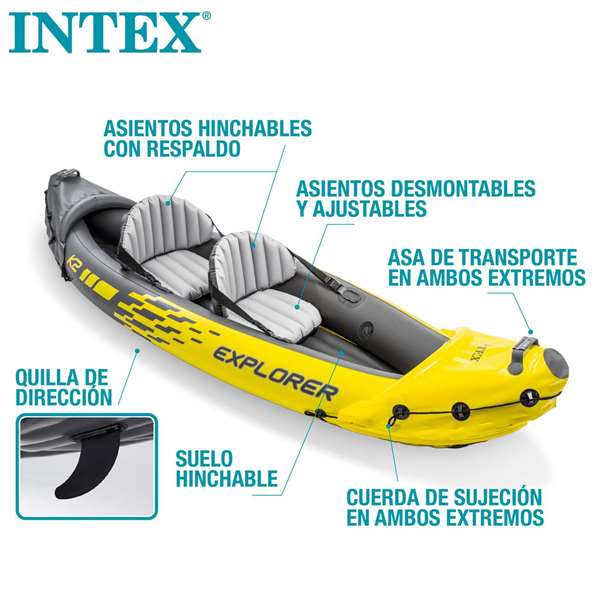 Intex Kayak Explorer K2 pour 2 personnes, gonflable avec pagaies en aluminium et pompe, dimensions 312 x 91 x 51 cm