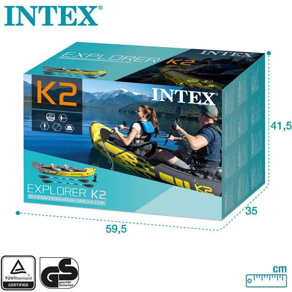 Intex Kayak Explorer K2 pour 2 personnes, gonflable avec pagaies en aluminium et pompe, dimensions 312 x 91 x 51 cm