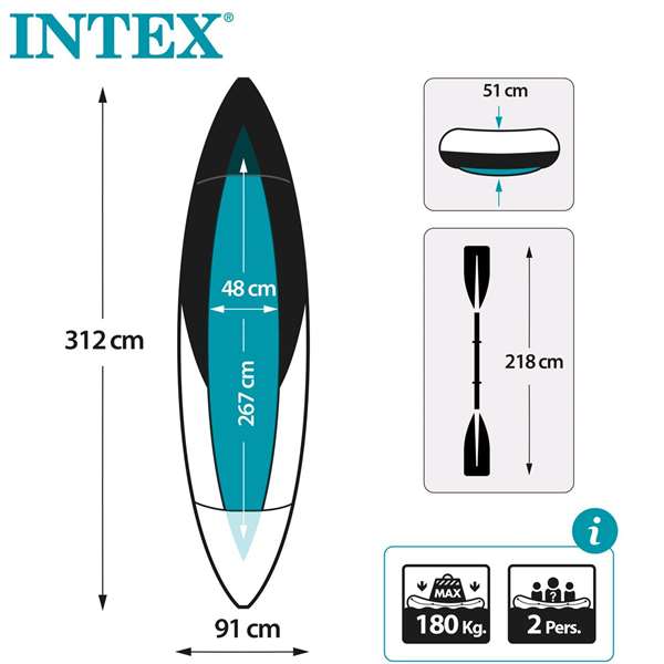 Intex Kayak Explorer K2 pour 2 personnes, gonflable avec pagaies en aluminium et pompe, dimensions 312 x 91 x 51 cm