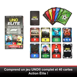 Mattel Games - Uno Elite F1 - Kit de Démarrage Officiel Formule 1 - 112 Cartes + 4 Boosters Élite Action + 2 Cartes Collector - Jeu de Cartes à Collectionner