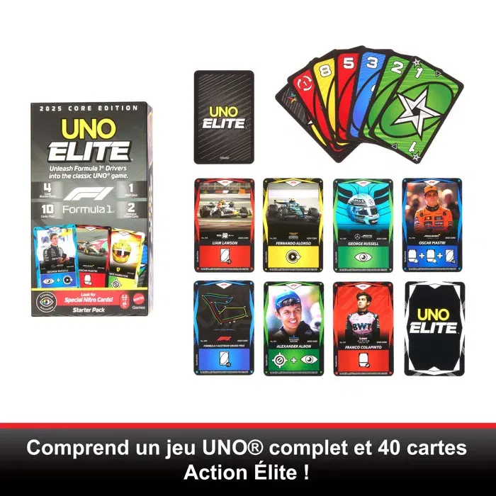 Mattel Games - Uno Elite F1 - Kit de Démarrage Officiel Formule 1 - 112 Cartes + 4 Boosters Élite Action + 2 Cartes Collector - Jeu de Cartes à Collectionner Mattel Games - Uno Elite F1 - Kit de Démarrage Officiel Formule 1 - 112 Cartes + 4 Boosters Élite Action + 2 Cartes Collector - Jeu de Cartes à Collectionner