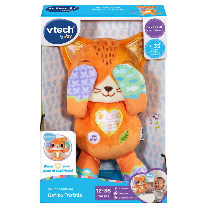 VTech Peluche Musicale Chat Jouet Interactif Cucu-Trâs avec 3 Boutons (Lumières, Musique, Sons Nature) 80-567422 - Pour Enfants +12 Mois