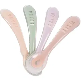 BEABA Lot de 4 Cuillères d'Apprentissage en Silicone 2e Âge - Barbe à Papa / Guimauve / Vert de Gris / Lilas - Ergonomiques pour Bébé