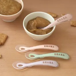 BEABA Lot de 4 Cuillères d'Apprentissage en Silicone 2e Âge - Barbe à Papa / Guimauve / Vert de Gris / Lilas - Ergonomiques pour Bébé