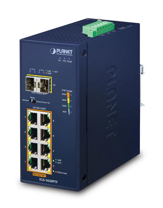 Planet IGS-1020PTF Switch Ethernet Industriel 8 Ports Gigabit PoE+ et 2 SFP Planet IGS-1020PTF Switch Ethernet Industriel 8 Ports Gigabit PoE+ et 2 SFP