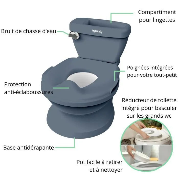 Ingenuity Summer My Size Potty Pro - Pot enfant d'apprentissage de la propreté avec réducteur, chasse d'eau musicale et rangement lingette intégré - Bleu