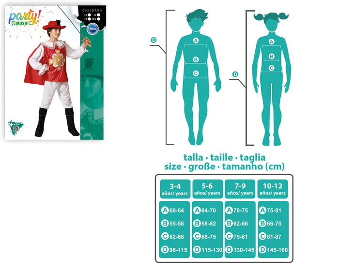 DisfrazMania - Costume de Mousquetaire pour Enfant - Rouge et Blanc - 3-4 Ans - Inclus: Chemise, Pantalon, Cape et Guêtres