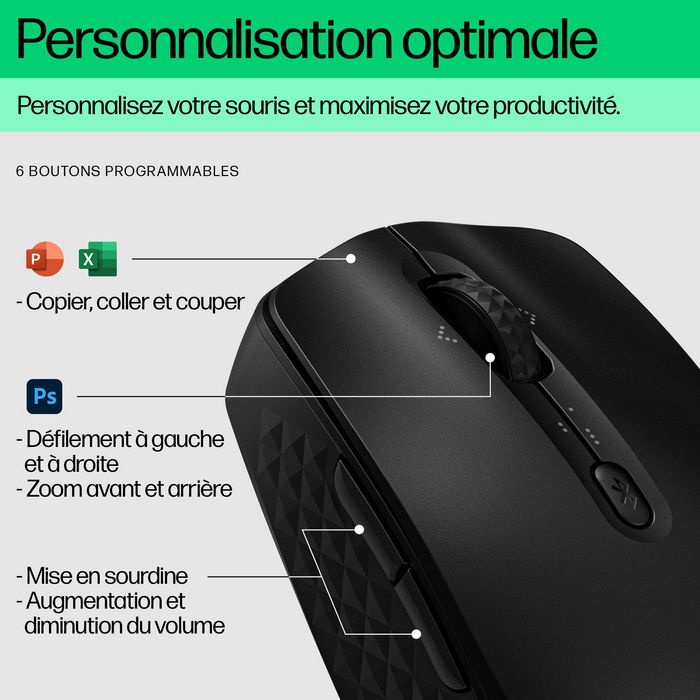 HP Souris Bluetooth 420 sans fil programmable avec molette quadridirectionnelle et 6 boutons personnalisables - Connexion à 3 appareils