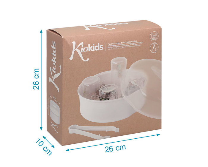 KioKids Stérilisateur pour Micro-ondes avec Pince, pour Biberons et Accessoires Bébé - Capacité Multiple, Rapide 5-8 min, Blanc