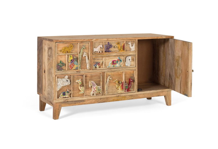 Giner y Colomer Commode 5 tiroirs en bois de manguier massif avec sculptures animales peintes à la main - Détails uniques, pattes 12 cm