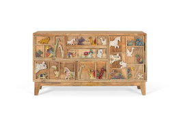 Giner y Colomer Commode 5 tiroirs en bois de manguier massif avec sculptures animales peintes à la main - Détails uniques, pattes 12 cm