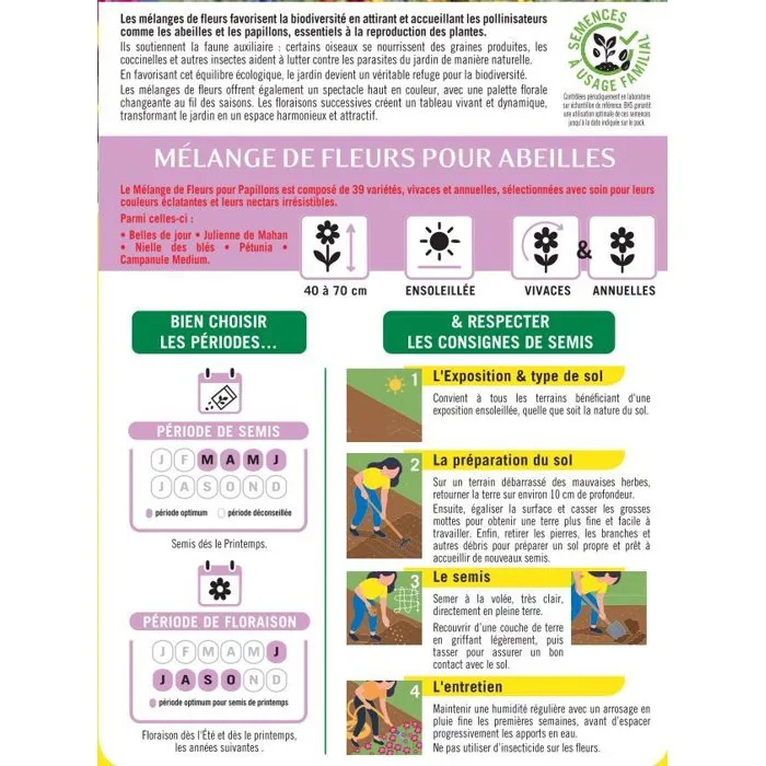 BHS Mélange de graines pour abeilles - 26 variétés de fleurs annuelles mellifères - 230 g - Attire les pollinisateurs et favorise la biodiversité