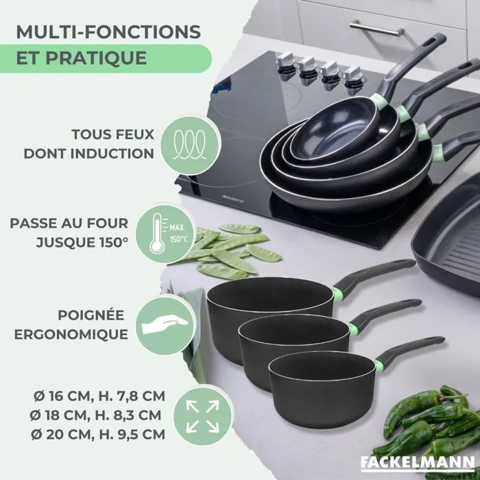 Fackelmann - Set de 3 casseroles en céramique antiadhésive sans PFAS - 16, 18 et 20 cm - Aluminium recyclé, Compatible induction et four
