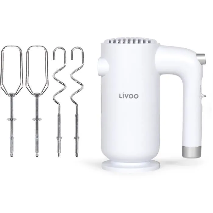 Livoo - Batteur électrique 250 W avec 5 vitesses, fonction turbo, fouets amovibles lavables au lave-vaisselle, design ergonomique et blanc