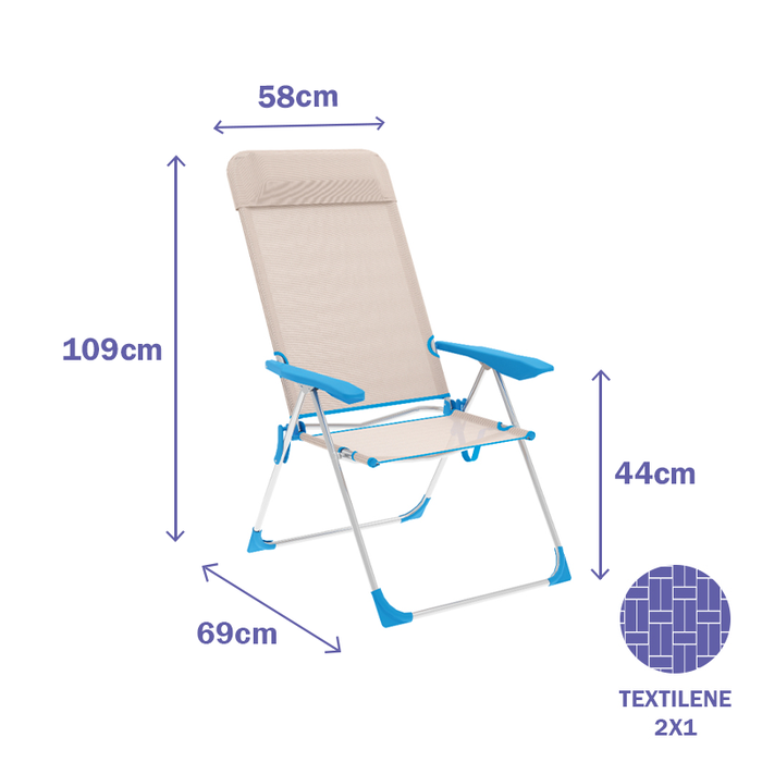 Marbueno 10175 Chaise Pliante 5 Positions Aluminium avec Coussin Beige/Bleu Plage et Piscine 69x58x109 cm Marbueno 10175 Chaise Pliante 5 Positions Aluminium avec Coussin Beige/Bleu Plage et Piscine 69x58x109 cm
